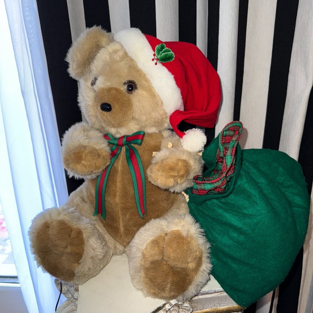 VTG 1993 Santa's Best Animated Plush Teddy Bear W/Santa Hat & Bag Arms/Head Move